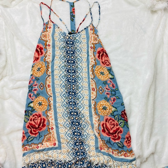 Cream & Bright Floral Mixed Print Linen Strappy Boho Shift Mini Dress - Picture 8 of 11